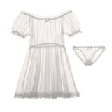 Billlnai Lace Gauze Sexy Lingerie Homewear Clothes Short Sleeve Off Shoulder Tops Panty Pajamas Set for Women Princess Sexy Nightgown 1118