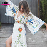 Jastie Embroidered Women Maxi Dress V-Neck Batwing Sleeve Loose Oversize Summer Dresses Drawstring Waist Boho Beach Vestidos