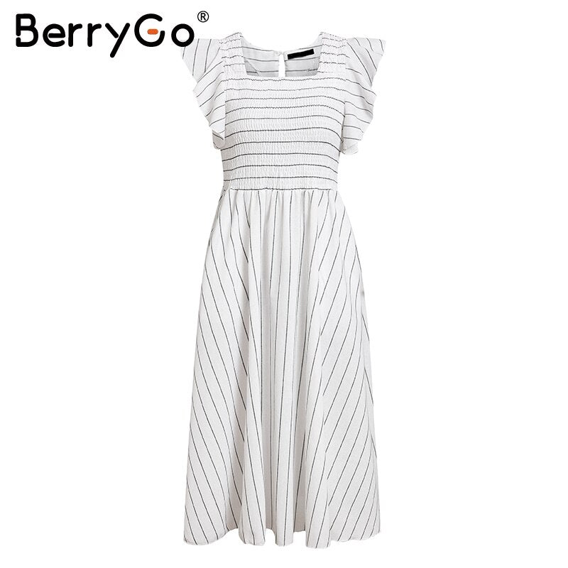 BerryGo Vintage striped women dresses long dress Ruffle sleeve linen elegant dresses Casual ruched fashion female vestidos 2019