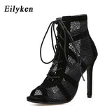 2023 Fashion Black Summer Sandals Lace Up Cross-Tied Peep Toe High Heel Ankle Strap Net Surface Hollow Out Sandals