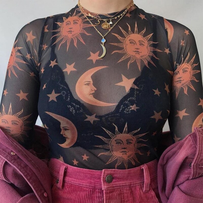 Billlnai Sun Moon Printed Transparent Mesh Sexy T-Shirt Women O-Neck Long Sleeve Slim Basic Casual Female Tops 2023 Spring New