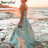 BerryGo Maxi women summer dresses boho Sexy v-neck spaghetti strap dress elegant Button dot print long dress beach vestidos 2019