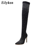 2023 Fashion Runway Crystal Stretch Fabric Sock Boots Pointy Toe Over-The-Knee Heel Thigh High Pointed Toe Woman Boot