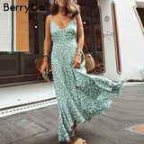 BerryGo Maxi women summer dresses boho Sexy v-neck spaghetti strap dress elegant Button dot print long dress beach vestidos 2019