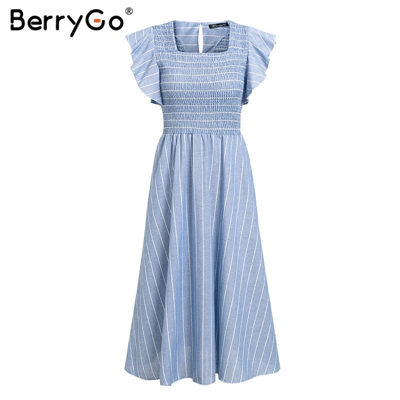 BerryGo Vintage striped women dresses long dress Ruffle sleeve linen elegant dresses Casual ruched fashion female vestidos 2019