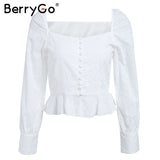 BerryGo Vintage print chiffon blouse shirt 2018 Square neck ruffles white short tops Women puff sleeve summer peplum top blusas
