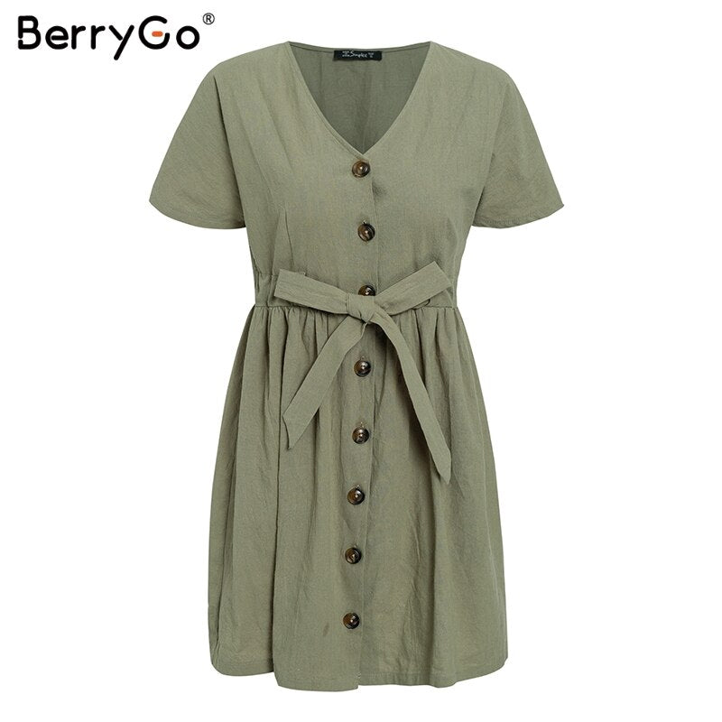 BerryGo Sexy v-neck women dresses linen dress Vintage short sleeve button sash mini dress Casual streetwear summer dress vestido