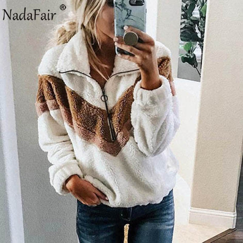 Christmas Gift Nadafair Casual Fleece Sweatshirt Women 2019 Patchwork Zip Faux Fur Oversized Winter Fluffy Hoodie Female Plus Size Pullovers