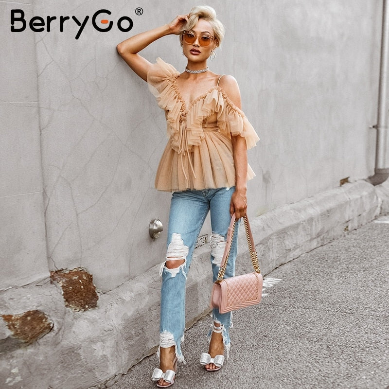 BerryGo Strap ruffles mesh blouse women shirt V neck off shoulder summer blouse tops Streetwear sexy peplum tops blusas 2019 new