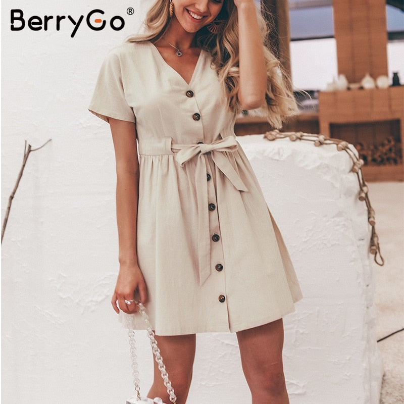 BerryGo Sexy v-neck women dresses linen dress Vintage short sleeve button sash mini dress Casual streetwear summer dress vestido