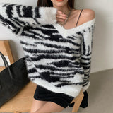 Lazy Style Striped V-Neck Pullover Sweater Women Autumn 2023 New Korean Fashion Knit Tops Long Sleeves Knitting pull femme