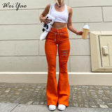 WeiYao Vintage Brown Solid Y2K Flared Jeans Woman High Waist Streetwear Joggers Holes Slim Sexy E Girl Denim Trousers 90s