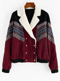 Billlnai Jacket Coats Women Vintage Outwear Tunic Double Breasted Tribal Print Faux Shearling Panel Corduroy Jacket For Fall Winter