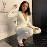 Tossy Ribbed Knitted Bodycon Jumpsuit Long Sleeve Skinny Sexy Two Piece Set Women Fall Outfits Female Fitness Rompers Overalls
