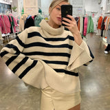 Cryptographic Fall Winter Knitted Casual Pullovers Sweaters for Women Tops Sweaters Striped Long Sleeve Turtleneck Top Oversized