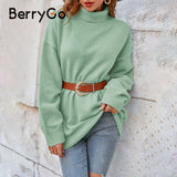 BerryGo Office turtleneck green knitted sweater women  Casual loose autumn winter female pullover  Elegant drop-shoulder jumpers