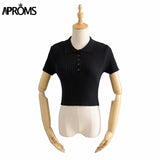 Aproms Vintage High Waist Short Sleeve Basic T-shirt 2023 Streetwear Knitted Tshirt Female White Tee Crop Top for Women Clothing