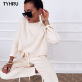 TYHRU Autumn Winter Women Sweater Tracksuit Leisure Hemp Flower Half-High Collar Pullover+Knitted Trousers Suits 2-piece Set