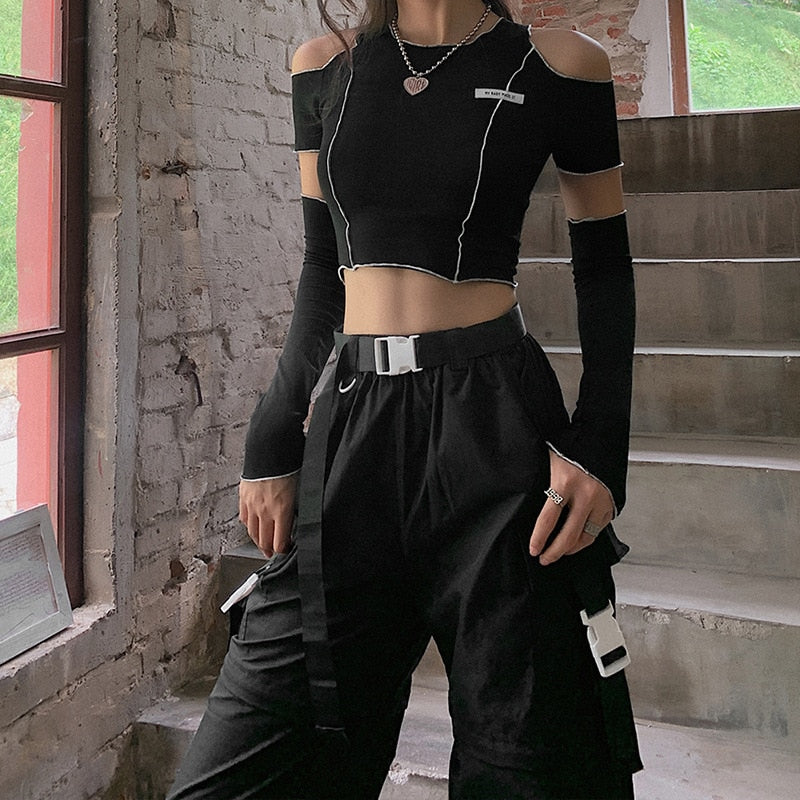 Gothic E-Girl Style Women's T-shirts Patchwork Black Strapless Streetwear Y2k Crop Tops Ruffles Hem Hip Hop Techwear Women Tees