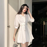 Christmas Gift QWEEK White Shirt Dress Women Korean Style Party Mini Short Dresses Woman Autumn 2023 Casual Half Sleeve Sundress Robe Female