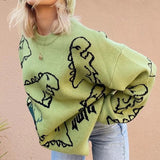 Oversize Sweater Women 2023 Y2K Autumn Winter Sweater Couple Dinosaur Loose Pullovers 90s Green Long Sleeve Knitted Jumper Women