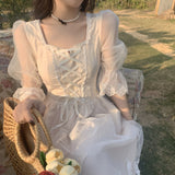 Billlnai  Graduation Party 2023 Spring Lace Sweet Elegant Dress Women Evening Party One Piece Dress Korean Kawaii Short Sleeve Dress Female Square Collar