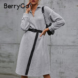 BerryGo Autumn winter zipper polo dress women Casual long sleeve split basic dress female Solid belt thicken dress 2023 new