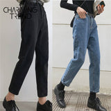 Women‘s Jeans Pant Black Korean Crop Jeans Girls Students Vintage Solid Long Pants Fit Female High Waist Denim Pants Women
