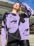 Tossy Women's Autumn Knitted Long Sleeve Printed Sweaters Purple  O-Neck Oversized  Casual Pullover 2023 Fashion Streetwear