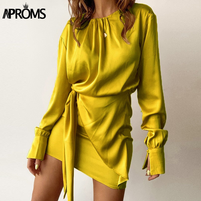 Aproms Elegant Green Satin A-line Shirt Dress Women Autumn Long Sleeves Bow Tie Pleated Holiday Casual Mini Dresses Female 2023