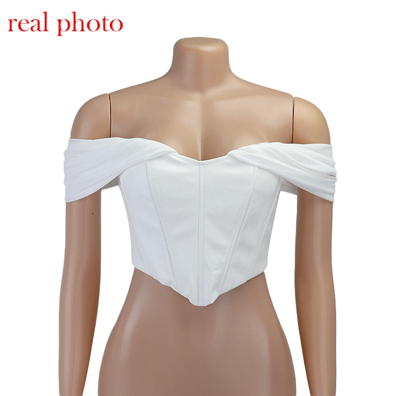 Cryptographic PU leather Sexy Bustier Corset Top Off Shoulder Chiffon White Strapless Female Top Cropped Tops Women Clothes