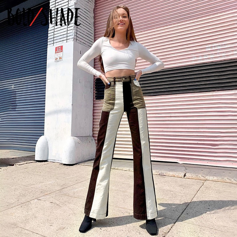 Bold Shade Streetwear 90s Vintage Patchwork Denim Jeans Fashion High Waist Boot Cut Pants Women Indie Grunge Urban Trousers 2023