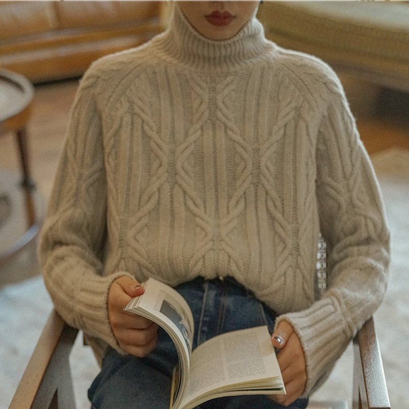 Winter Turtleneck Sweater Women Cashmere Argyle Sweaters Pure Color Knitted Pullover Oversized Loose Casual Lady Jumper