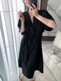 Summer New Women Short Sleeve Office Lady Elegant Vestidos Femme Clothes Midi Slim Solid Lace Up Dress