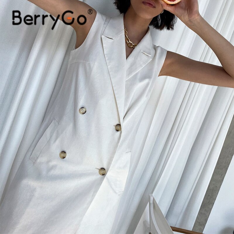 BerryGo V-neck sleeveless loose midi dress Solid double-breaster office dress woman High waist slim summer causal dress female