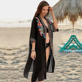 2023 Black Embroidered Mid-Calf Length Long Kimono Cardigan Plus Size Beachwear Sarongs Plage Women Tops Blouse Shirts Q940