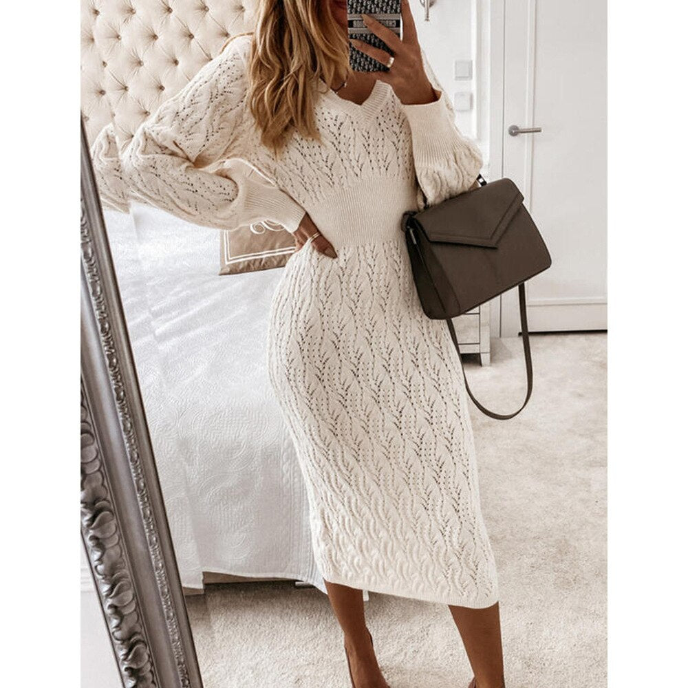 Women Office Lady Hollow Out Knitted Dress Lantern Sleeve Sexy V neck All-match Casual Party Dress 2023 Winter Fashion Dress
