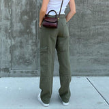 Billlnai Green Vintage Baggy Jeans Women'S Pockets Wide Leg Cargo Pants Streetwear Casual Low Waist Denim Straight Trousers 2023