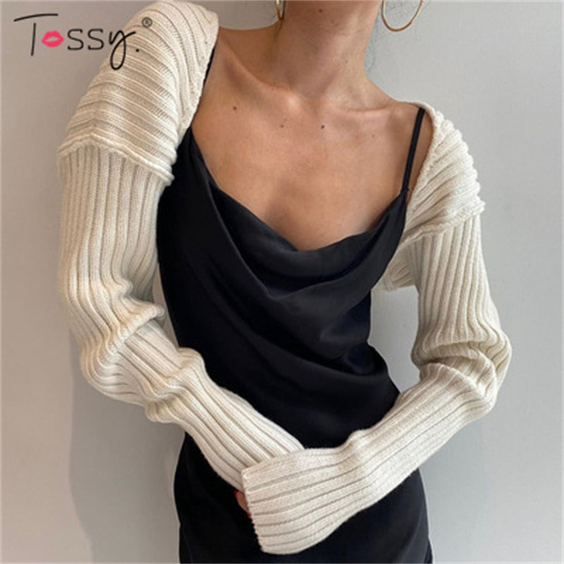 Tossy White Women Sweater Shrugs Cropped Top Full Lantern Sleeve Knitwear Pullover Sexy Summer High Street Outwear 2023 Spring