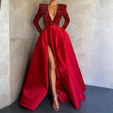 Thanksgiving Day Gifts 2023 New Fashion Sexy High Quality Sequined Red Women's Long Sleeve Evening Dress Women's Deep V Neck Evening Dress