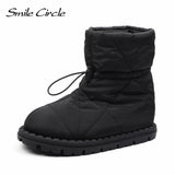 Smile Circle Winter Snow Boots Quilted Nylon Down Ankle Boots Women's Round Toe Flat Bottom Warm Pillow Boots