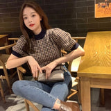 Billlnai  2023  Korean Knitted Short Sleeve O Neck Women Pullovers Harajuku Hit Color Patchwork Plaid New Sweaters Vintage Sweet Sueter Mujer