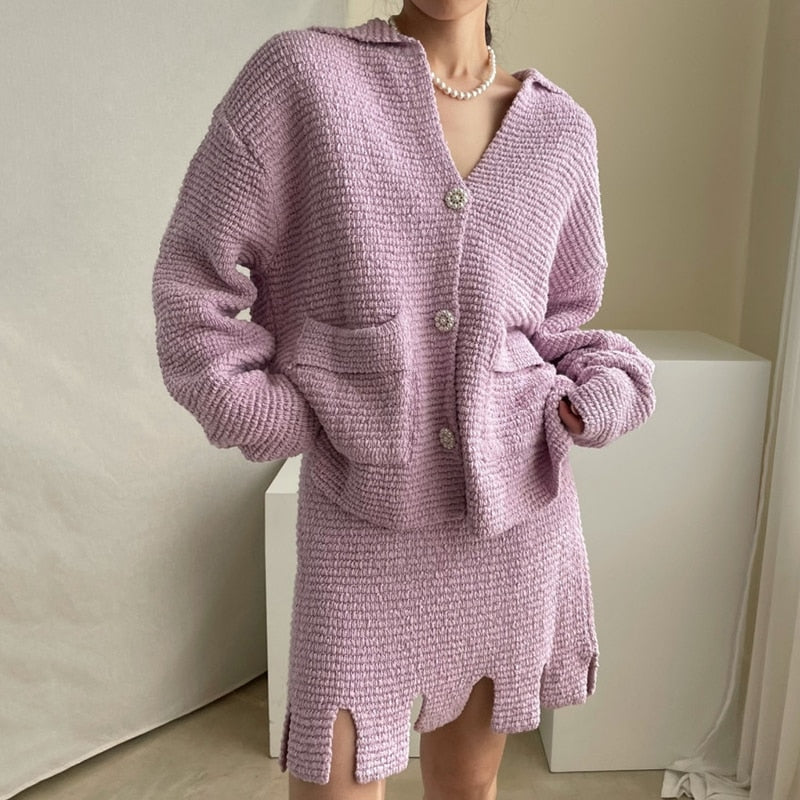 Autumn Knitted Two Piece Set Women Skirt 2023 Korean Fashion Long Sleeve Knit Sweater High Waist Split Mini Skirt Suits 2 Pieces