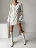 Tossy 2023 New Long Sleeve Sweater Dress Women Autumn Winter Oversized Sweater Casual White V-Neck Pullover Loose Knit Dress
