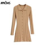 Aproms Elegant Green Thick Ribbed Knitted Shirt Dress Women 2023 Winter Buttons Long Sleeve Stretch Bodycon Short Mini Dresses