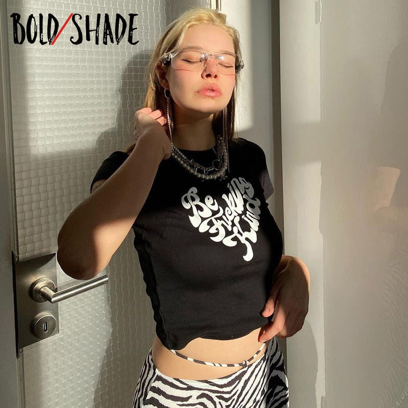 Bold Shade Grunge Streetwear 90s Tees Letter Print Gothic Slim Basic Cropped Tops Women Indie Style Vintage Clothes Summer 2023