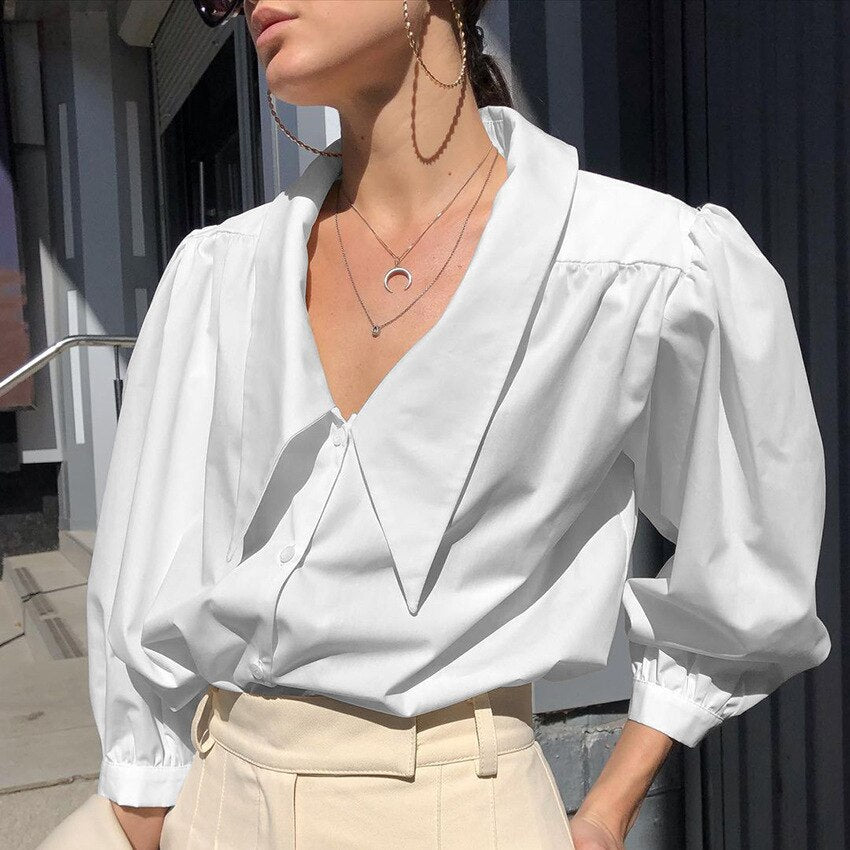 Solid Sexy Shirt Women Puff Sleeve V Neck Office Work Blouses Spring Elegant Button Top 2023 New Retro Streetwear White