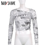 Bold Shade Women Print Mesh T Shirt Long Sleeve Street Style Fairy Grunge Slim Tops Mesh Navel Y2K Indie Elastic Tee Shirts 2023