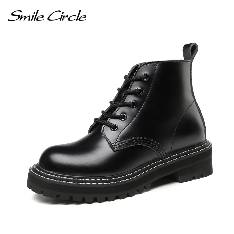 Smile Circle Autumn Winter Ankle Boots Women Genuine Leather Platform boots  Punk Short Boots Ladies shoes