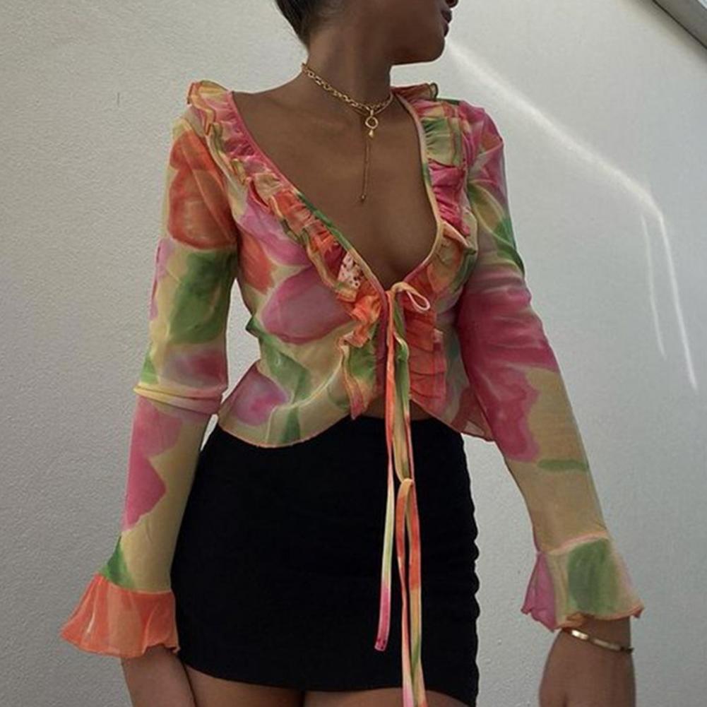 Billlnai Fashion Boho Ruffle Blouse See-Through Lace V-Neck Tops For Women Long Sleeve Summer Shirt Party Beach Cropped Top 2023